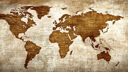 Vintage world map with textured background and historical notes