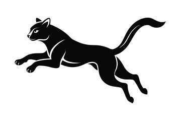 Stylized Silhouette Illustration of a Black Cat Jumping or Leaping Forward, Curled Tail