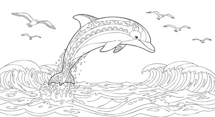 Dolphin leaping out of the ocean with seagulls flying overhead, line art illustration