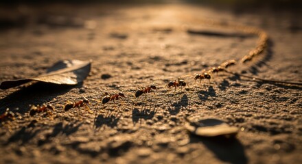 Line of ants on sandy path in warm evening light