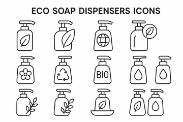 Eco soap dispensers icons: sustainable and nature-inspired designs collection
