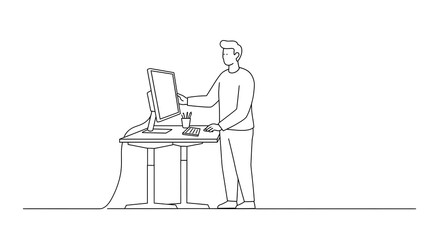 Minimalist continuous line drawing of a person working at an ergonomic standing computer desk illustration