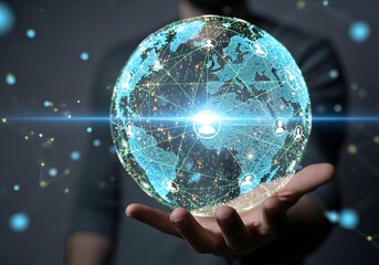 A person's hand holding a glowing digital globe, representing global connections.