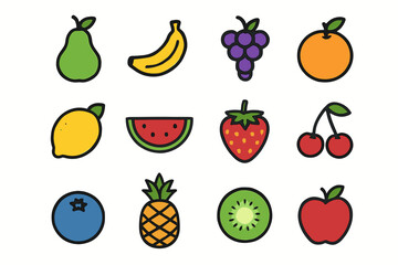 Colorful variety of fruits illustration set with pear, banana, and more