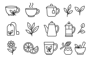 Tea brewing icons collection: cups, teapots, leaves, and honey