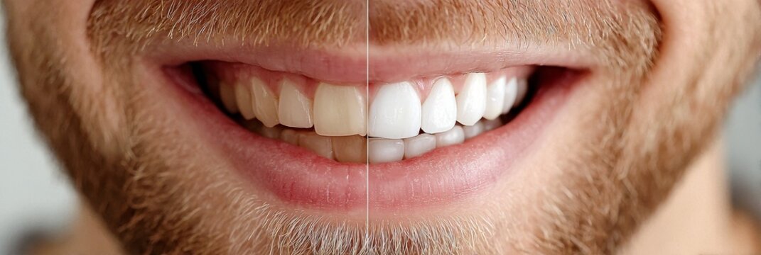 Dramatic teeth whitening transformation highlighting striking before and after smiles.