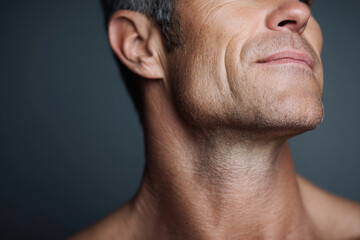 Obraz premium closeup of person face displaying tension in their neck and forehead muscles conveying raw strength and confidence