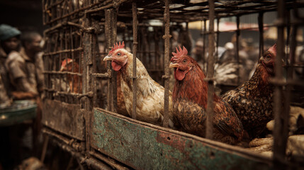 Chickens confined in rusty cages at a crowded market, symbolizing animal cruelty, poor conditions, and the exploitation of livestock for human consumption
