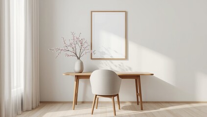 Minimalist interior scene featuring a wooden desk upholstered chair and tall framed artwork with natural light
