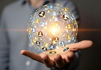 A person's hand holds a glowing sphere of interconnected profile icons, representing a global network or social connection.