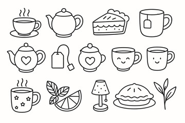 Obraz premium Tea time doodle set: teapots, teacups, sweets, and accessories line art