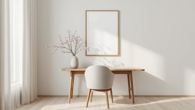 Minimalist interior scene featuring a wooden desk upholstered chair and tall framed artwork with natural light
