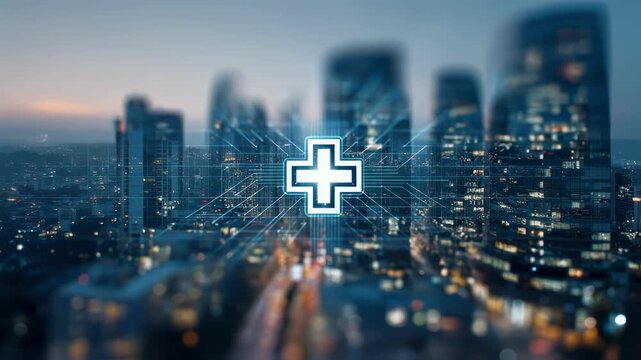 Medium view capturing a luminous trophy logo atop a healthcare tech skyscraper background softly blurred to emphasize fastpaced digital health industry rise.