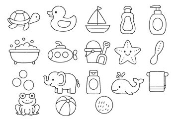 Black and white outline icons of bath time and beach fun