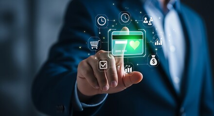 Person touching digital credit card with financial and business icons digital payment financial technology