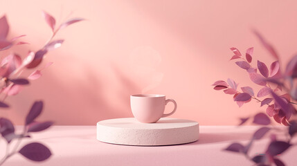 cup of coffee with pink rose petals, horizontal banner, copy space, free space for text, National Cappuccino Day, horizontal banner, free space for text and copy