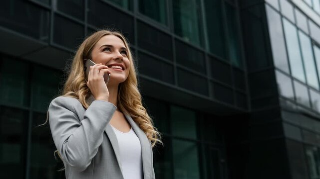 A happy businesswoman talking on her mobile phone outside a modern glass office building, looking up and smiling