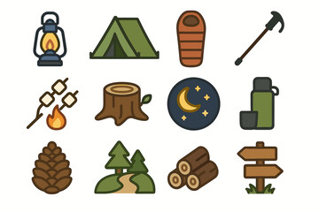 Camping icon set: lantern, tent, sleeping bag, hiking stick, marshmallows, stump, moon, thermos, pinecone, trail, logs, sign