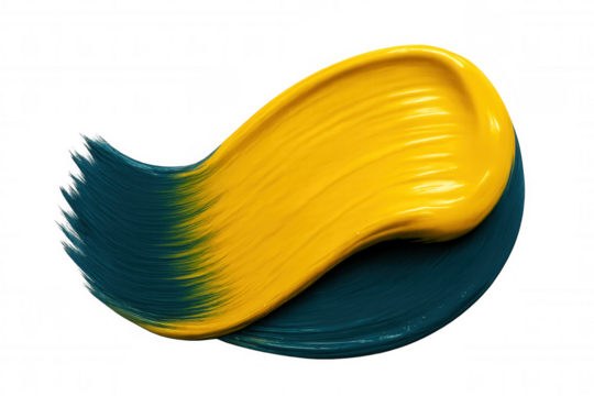 Vivid yellow, teal paint blending dynamically, forming abstract artistic splash against transparent surface