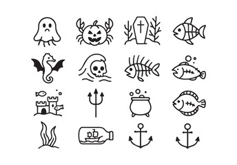 Halloween and Sea Creatures Collection Line Art Icons