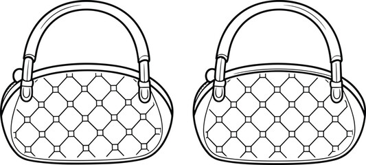 Two identical quilted handbags side by side, diamond pattern design, top handles, fashion accessories, product outline, cad drawing flat vector illustration