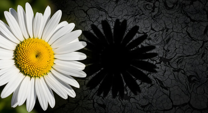 A vibrant daisy contrasts sharply with its dark, cracked shadow, symbolizing life and decay. - Powered by Adobe