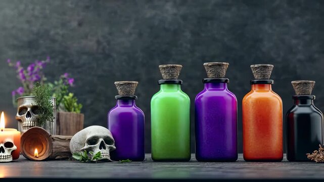 colorful potion bottles with dark background and decorative elements