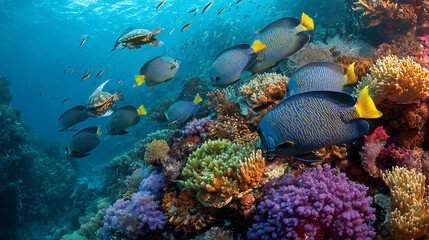 Fototapeta premium A vibrant underwater scene with a group of angelfish, wrasses, and sea turtles gliding around a coral-covered rock formation, dramatic lighting creating a rich, immersive atmosphere