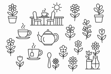 Outline of tea set and floral elements with a table setup under the sun