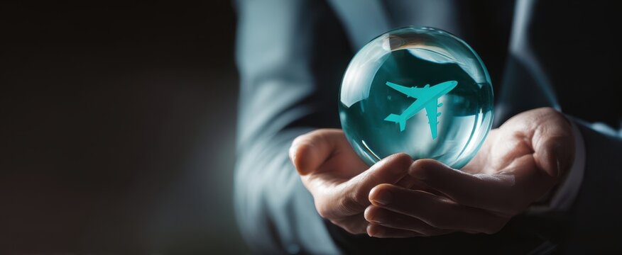 The airplane in a glass globe cradled by businessman hands for global travel planning