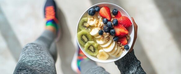 The Bowl of Fresh Fruit and Granola Held Overhead by a Woman in Athletic Shoes