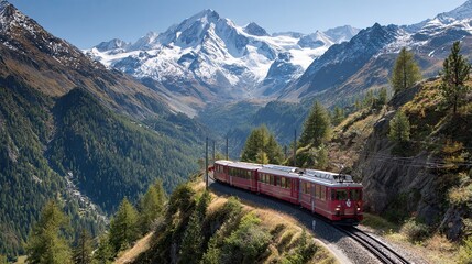 Fototapeta premium A mountain train climbing the Swiss Alps winds gracefully through snowy peaks and breathtaking landscapes. 