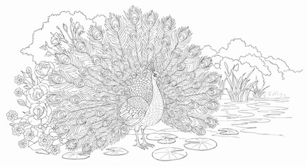 Obraz premium Intricate line art of a majestic peacock displaying its feathers by a tranquil pond with lily pads and flowers