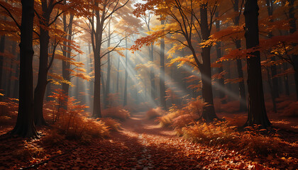 Obraz premium Golden sunlight streams through the trees in an autumn forest, illuminating a path covered in fallen leaves and casting ethereal rays through the misty air