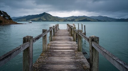 Fototapeta premium A quiet fishing pier in New Zealand stretches into calm waters, offering peaceful reflections and serene natural beauty. 