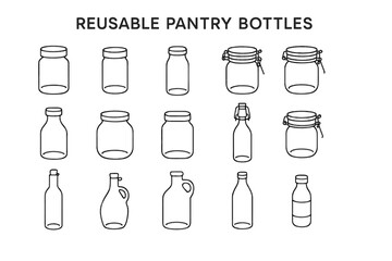 Various reusable pantry bottles: glass storage jars and containers