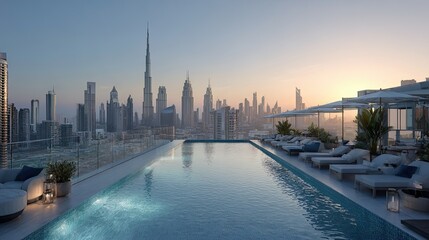 Fototapeta premium A rooftop pool overlooking Dubai’s skyline glistens under the sun, blending luxury with stunning urban views. 