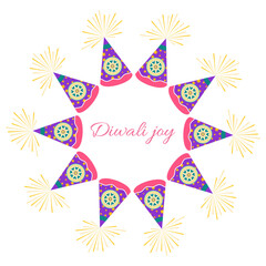 Diwali celebration elements frame with fireworks and text in flat style. Deepavali vector illustration for print and online projects