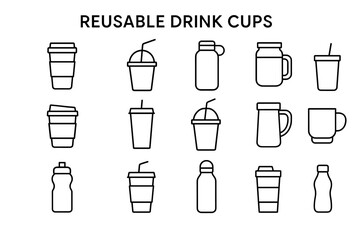 Various reusable drink cups line art illustration collection