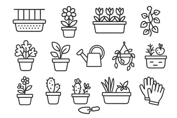 Garden icons set featuring plants tools and potted vegetables