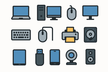 Electronic devices: laptop, desktop, monitor, mouse, keyboard, printer, hard drive, tablet