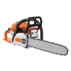 Orange and white chainsaw for cutting wood isolated on transparent background