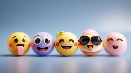 Assortment of cute emoji and animal character spheres on a pink background, including panda, tiger, and smiling faces