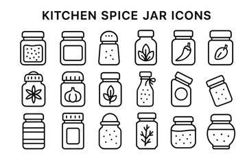 Set of kitchen spice jar icons: pepper, salt, rosemary, chili, garlic