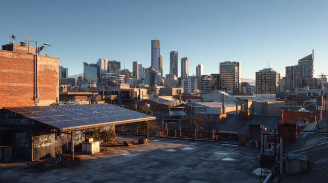 Realistic editorial photo showing 'urban heat islands' and the implementation of 'solar panels', daylight, sharp details, suitable for media coverage. Rooftop Solar Panels in Industrial Urban Setting 