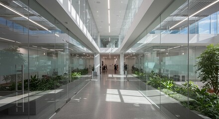 Obraz premium Modern, bright office hallway with floor-to-ceiling glass walls. Plants are interspersed in the interior courtyard. Natural light floods the space. Sleek, minimalist design.