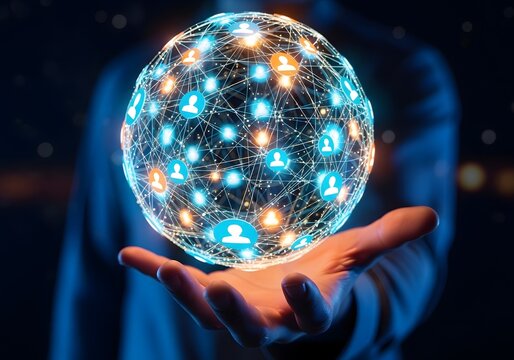 A person holds a glowing, interconnected network sphere of people, representing global communication and connection.