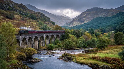 A train crossing a bridge in Scotland&rsquo;s Highlands winds through misty valleys and rugged landscapes, blending travel with natural beauty.
