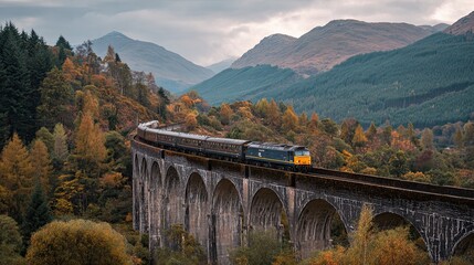 A train crossing a bridge in Scotland&rsquo;s Highlands winds through misty valleys and rugged landscapes, blending travel with natural beauty.

