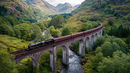Obraz premium A train crossing a bridge in Scotland’s Highlands winds through misty valleys and rugged landscapes, blending travel with natural beauty. 